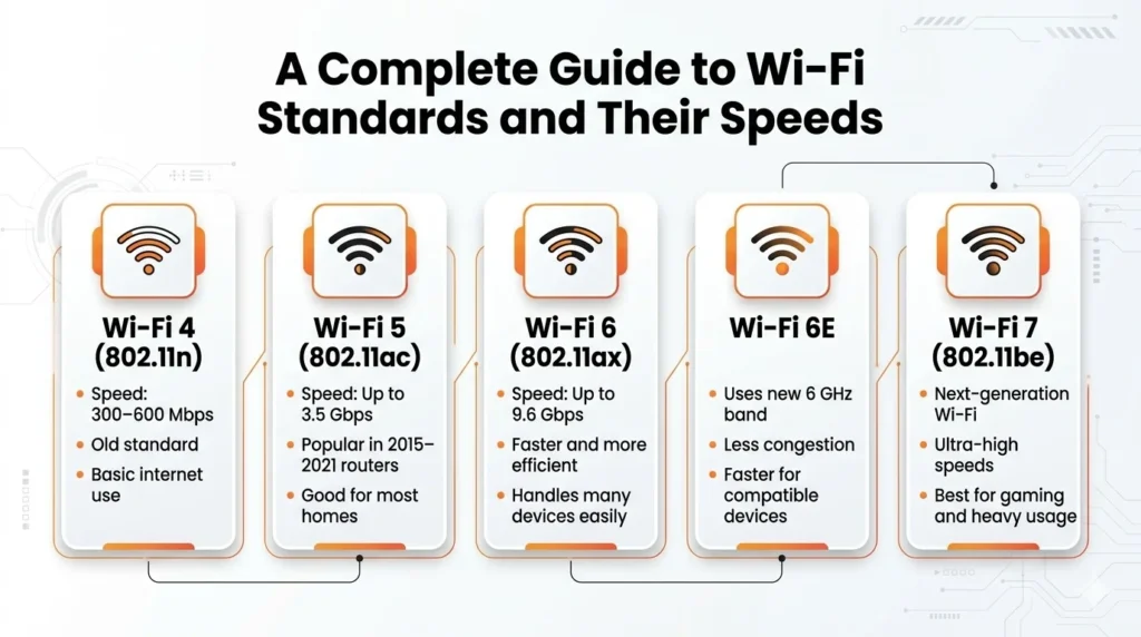 Wi-Fi standards Wi-Fi 4, Wi-Fi 5, Wi-Fi 6, Wi-Fi 6E, and Wi-Fi 7 with their speed ranges, features, and improvements in wireless internet performance.