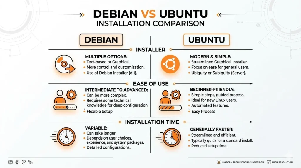 Debian vs Ubuntu installation comparison showing installer options, ease of use, and setup time differences with Debian flexible and Ubuntu beginner-friendly