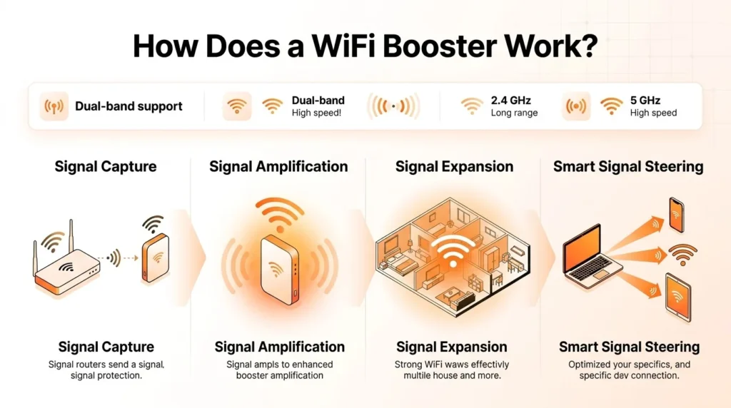 WiFi booster process: capturing router signal, amplifying it, expanding coverage, and smart steering across 2.4 GHz and 5 GHz bands.