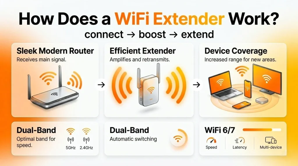 WiFi extender: router sends signal, extender amplifies and rebroadcasts it, extending coverage to more devices with dual-band support.
