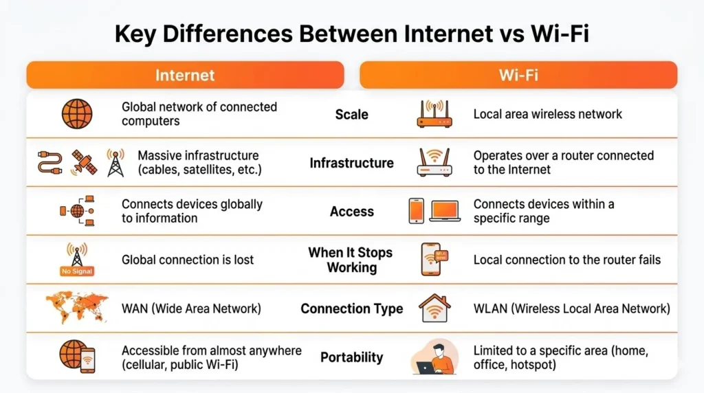 key differences between Internet and Wi-Fi including scale, infrastructure, access, connection type, portability, and how each network works.
