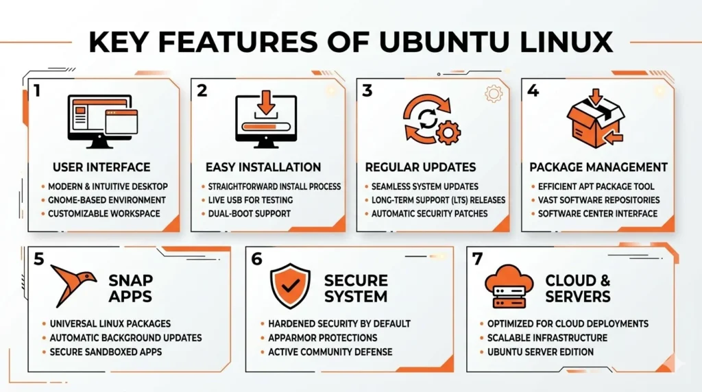 Ubuntu Linux features including user-friendly interface, easy installation, regular updates, snap apps, security, and cloud support.