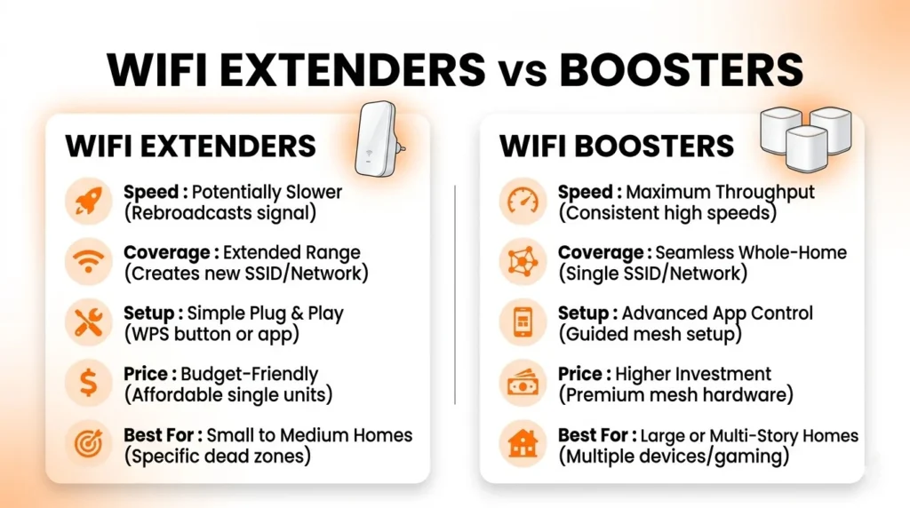 WiFi extenders vs boosters showing speed, coverage, setup, price, and best use cases for small homes vs large multi-device networks.